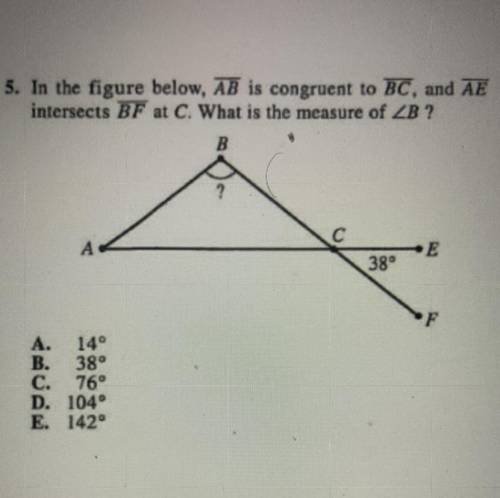 In the figure below, ab is congruent to bc, and ae intersects bf at c. what is the measurement of