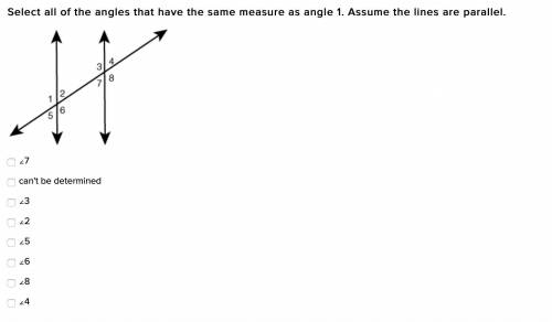 Select all of the angles that have the same measure as angle 1. Assume the lines are parallel.