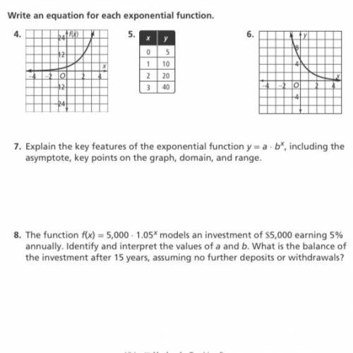 Explain the key features of the exponential function y = a · bx, including the asymptote, key point