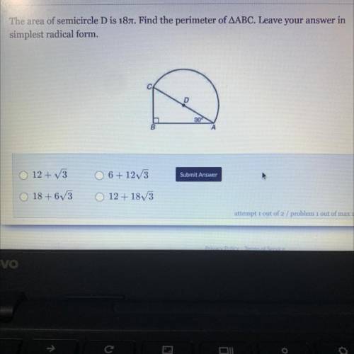 The area of the semicircle D is 18 pie. Find the perimeter of triangle ABC.Leave your answer in sim