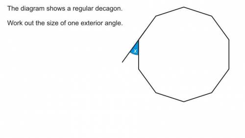 The diagram shows a regular decagon work out the size of one exterior angle

tell me the answer i
