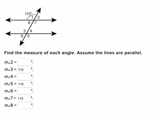 Find the measure of each angle. Assume the lines are parallel.

are the answers I have so far corr