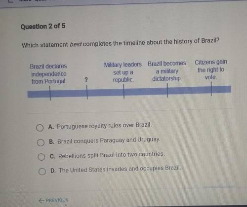 Which statement best completes the timeline about the history or Brazil​