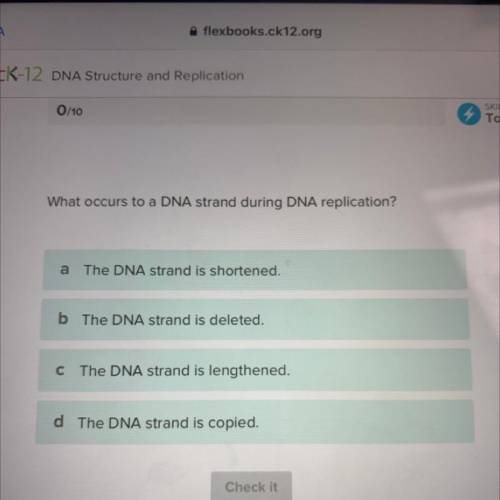 What occurs to a DNA strand during DNA replication?

a
The DNA strand is shortened.
b The DNA stra