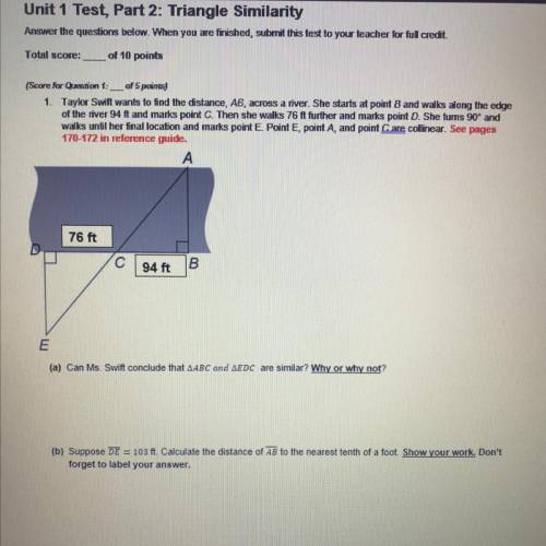 Unit 1 Test , Part 2 : Triangle Similarity