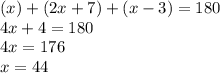 (x) + (2x +7)+(x-3)=180\\4x +4 = 180\\4x = 176\\x = 44