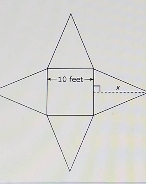 The Figure shows a square and 4 congruent isosceles triangles. If the length of leg x is 12 feet, w