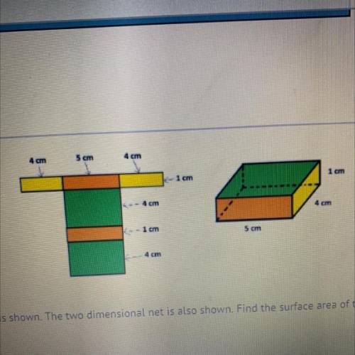 A right rectangular prism is shown. The two dimensional net is also shown. Find the surface area of