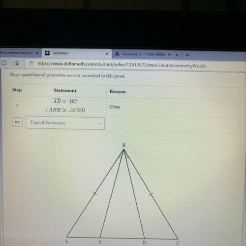 Given : AB cong BC and angle ABE cong angle CBD . 
Prove : triangle ABE cong triangle CBD .