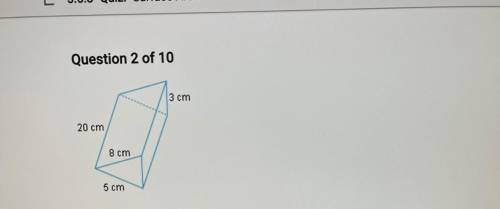 3 cm
20 cm
8 cm
5 cm
Find the lateral surface area of the solid above.