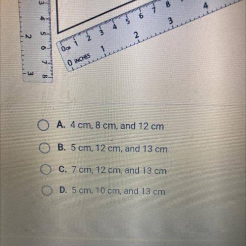 Question 1 of 5

Which three side lengths best describe the triangle in the diagram?
O INCHES
1
2