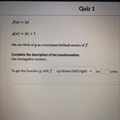F(x) = |x|

g(x) = |x|+1
We can think of g as a translated (shifted) version of f. 
Complete the d