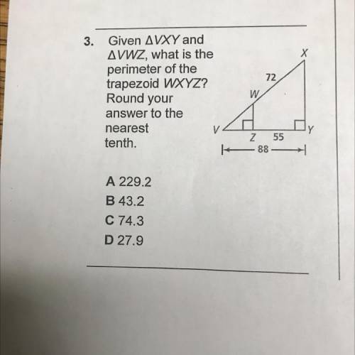 X

72
Given AVXY and
AVWZ, what is the
perimeter of the
trapezoid WXYZ?
Round your
answer to the
n