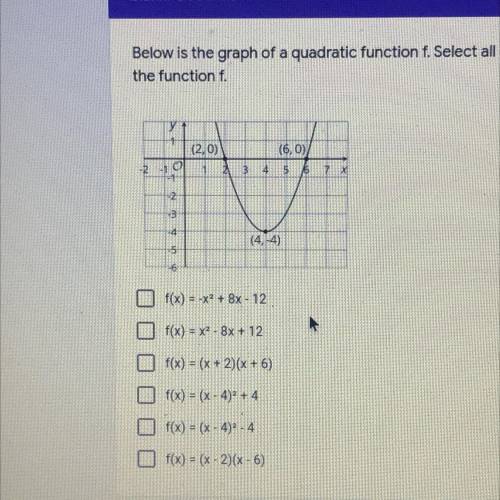 Below is the graph of a quadratic function f. Select all equations that could define

the function