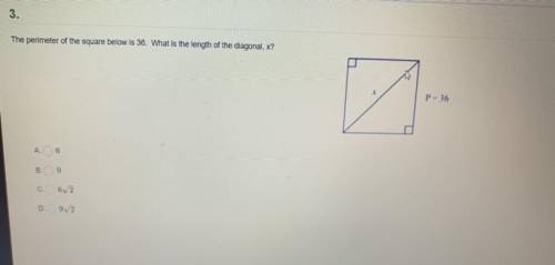 The perimeter of the square is 36. What is the length of the diagonal, x? HELPNPLZ FOR THE LOVE OF