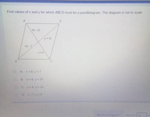 Find values of x and y for which ABCD must be a parallelogram The diagram is not to scale ​