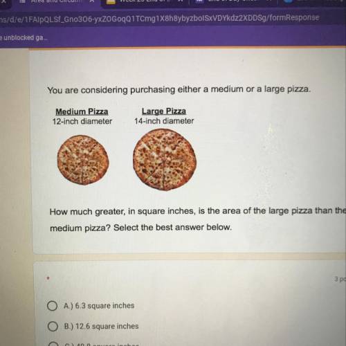 You are considering purchasing either a medium or a large pizza.

Medium Pizza
12-inch diameter
La