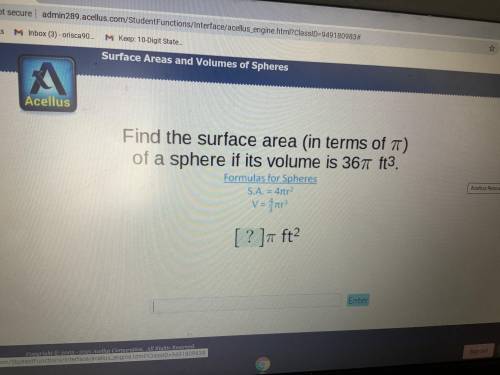 Please tell me the surface area of a circle with a volume of 36 and please provide the formula.
