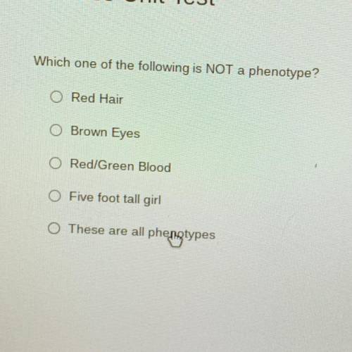 Which one of the following is NOT a phenotype?

O Red Hair
O Brown Eyes
O Red/Green Blood
O Five f