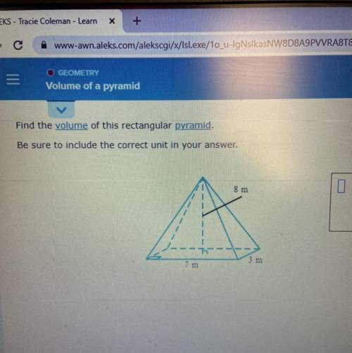 Find the volume of this rectangular pyramid,

Be sure to include the correct unit in your answer
8