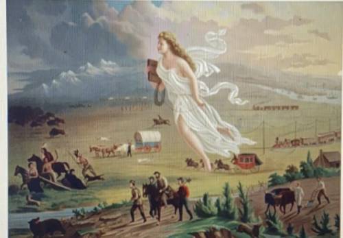 How does this image demonstrate the values and ideas of Manifest Destiny? Cite specific details in