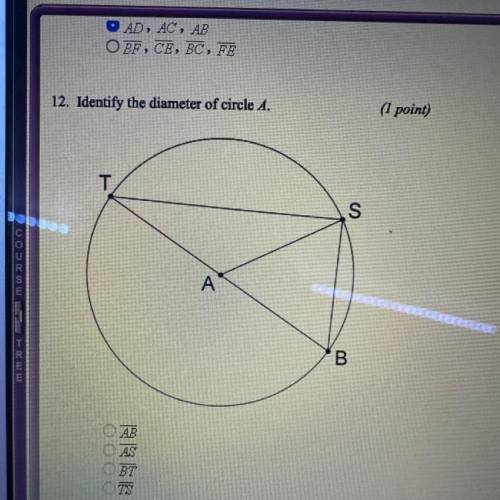 Identify the diameter of circle A
AB
AS
BT
TS
