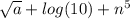 \sqrt{a}  + log(10)  +  {n}^{5}