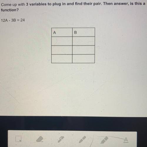 Come up with 3 variables to plug in and find their pair. Then answer, is this a

function?
12A - 3
