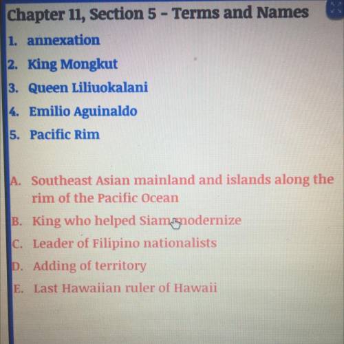 Chapter 11, Section 5 - Terms and Names

1. annexation
2. King Mongkut
3. Queen Liliuokalani
&