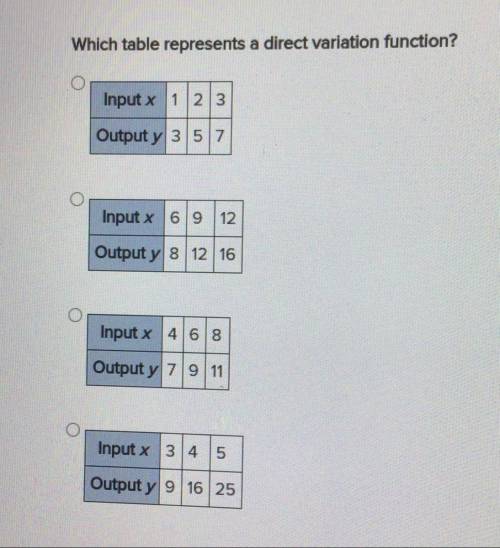 Which table represents a direct variation function?

Input x 1 2 3
Output y 3 5 7
Input x 69
12
Ou