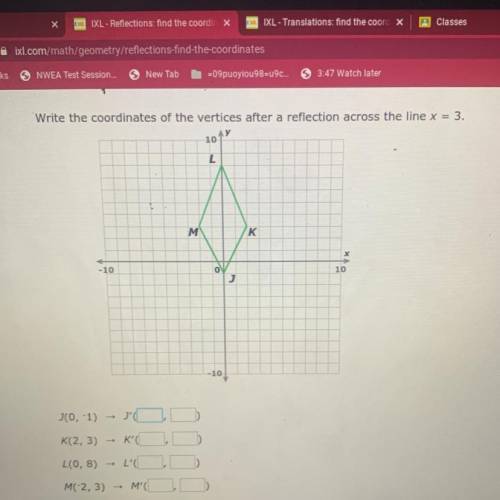 Write the coordinates of the vertices after a reflection across the line x = 3.