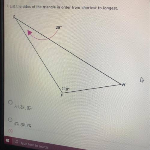 List the sides of the triangle in order from shortest to longest.