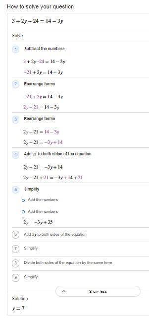3+2y-24=14-3y
Please give explanation and good answers.