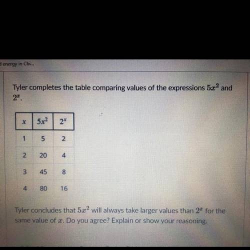 Tyler completes the table comparing values of the expressions 5x2 and

21.
X
5x?
2
1
5
2
N.
20
4
3