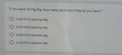 HELP ASAPIf you have 24.31g Mg, how many particles of Mg do you have?​