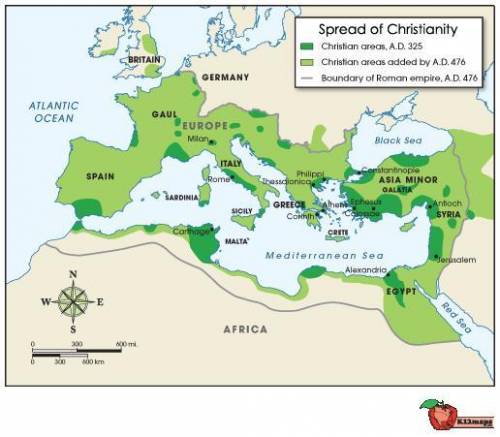 Use the attached image

To which area had Christianity spread by 325 AD?
Northern Spain
S