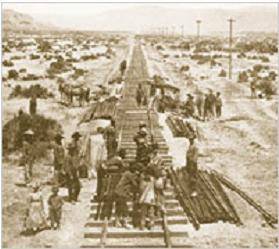 The photograph shows the building of the transcontinental railroad in 1868.

The construction of t