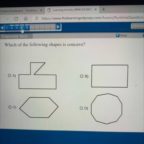 Which of the following shapes is concave?
OA)
OB)
OC)
OD)