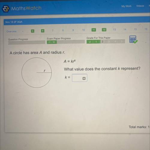 A circle has area A and radius r.

A = kr
What value does the constant k represent?
r
k=