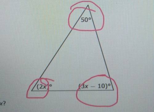 I need help ASAP The angle measures of a triangle are shown in the diagram. 50° les (3x - 10) ° Wha