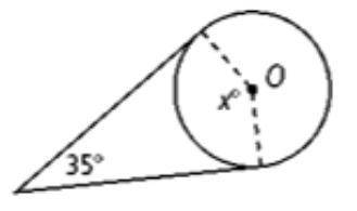 Assume that lines that appear to be tangent are tangent. O is the center of the circle. In degrees,