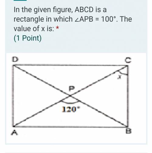 In the given figure, ABCD is a rectangle in which ∠APB = 100°. The value of x is:​