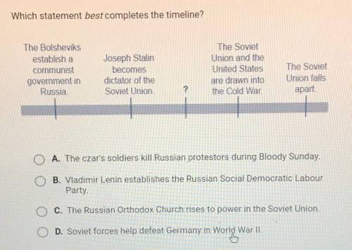 Which statement best completes the timeline?

The Bolsheviks
establish a
communist
goverment in
Ru