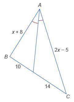 What is the value of x triangle ABC AB= x+8 BC= 10+14 AC= 2x-5