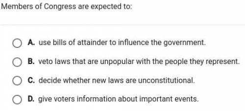 Members of Congress are expected to:

A. use bills of attainder to influence the government.
B. ve