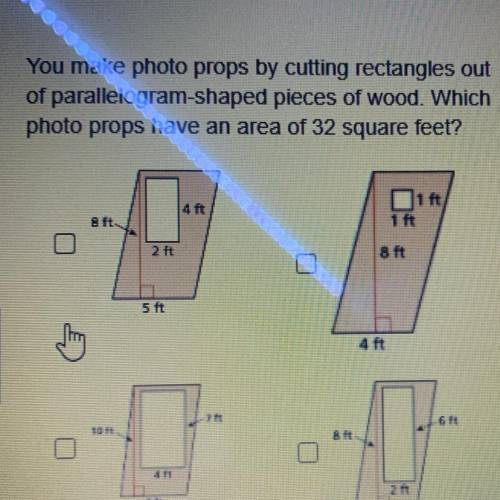 You make photo props by cutting rectangles out

of parallelogram-shaped pieces of wood. Which
prot