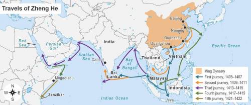 Read the map. A map titled Travels of Zheng He. A key shows the Ming Dynasty and journey routes by