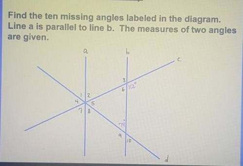 Find the ten missing angles labeled in the diagram. Line a is parallel to line b. The measures of t
