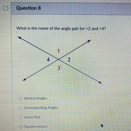 What is the name of the angle pair for <2 and <4?

1
4
2.
Vertical Angles
O Corresponding An