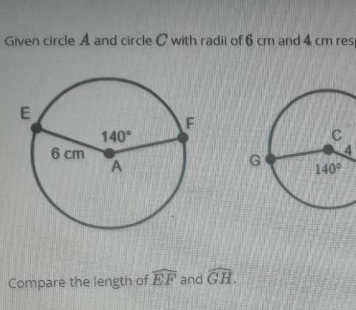Given circle A and circle C with radii of 6 cm and 4 cm respectively. E F 140° С 4 cm 6 cm А G 1409